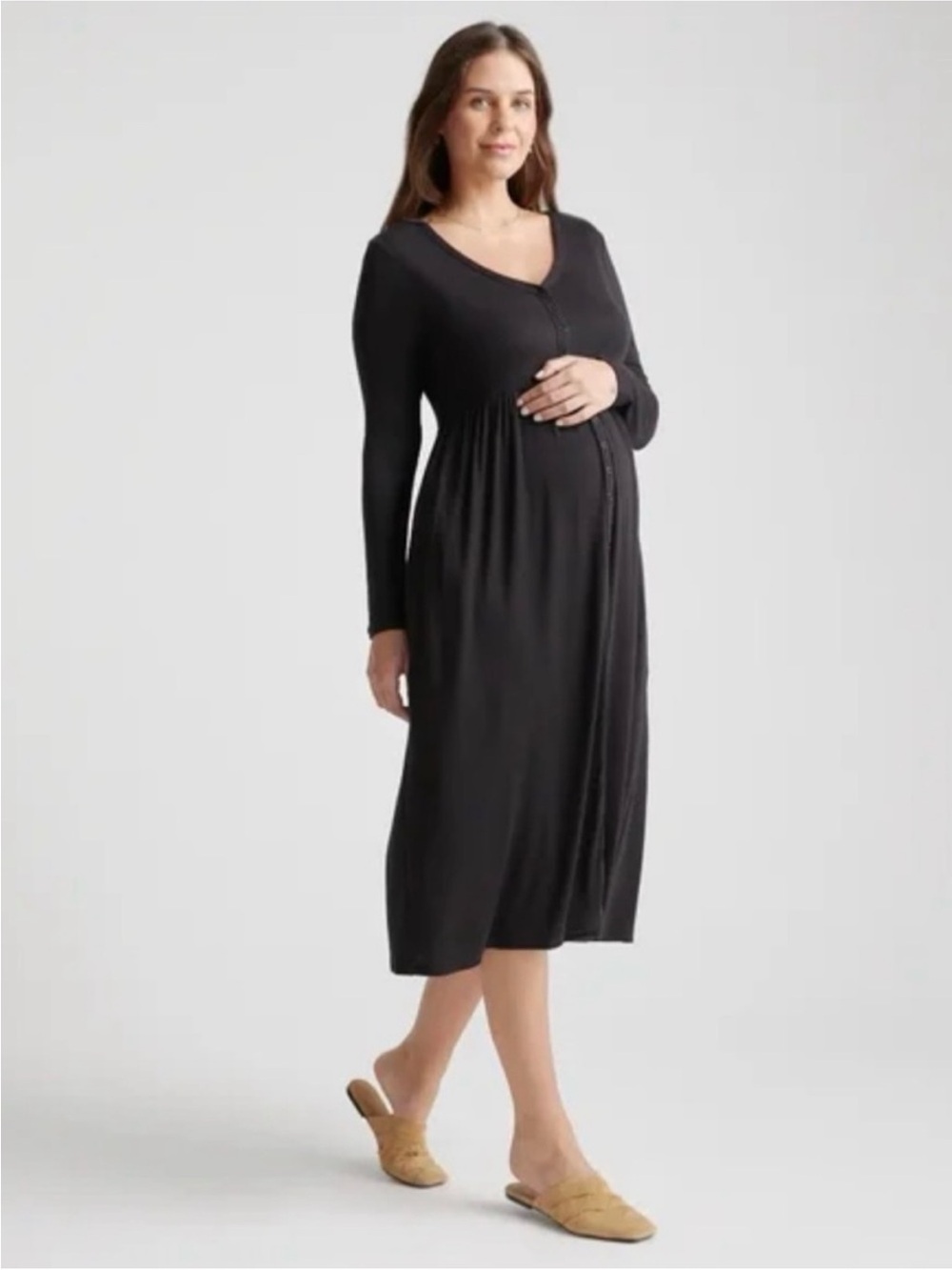 Quince Maternity Tencel Rib Nursing Button Front Ribbed Dress in Black Large NWT
